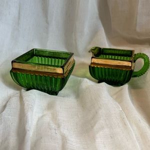 Antique cream and sugar dishes green with gold trim 1920’s